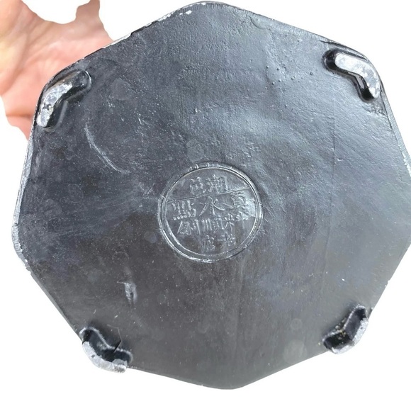 Vintage Chinese Shantou Teapot Pewter Metal Reverse Glass Painted Panels Black - Picture 11 of 16